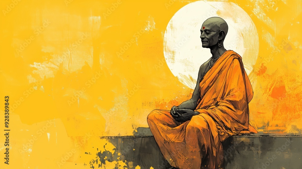 Old mani meditating with peaceful expression and yellow background Old mani meditating with peaceful expression and yellow background