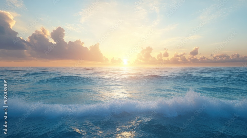A panoramic sea view at sunrise, with blue waters and soft, warm light reflecting on the ocean A panoramic sea view at sunrise, with blue waters and soft, warm light reflecting on the ocean