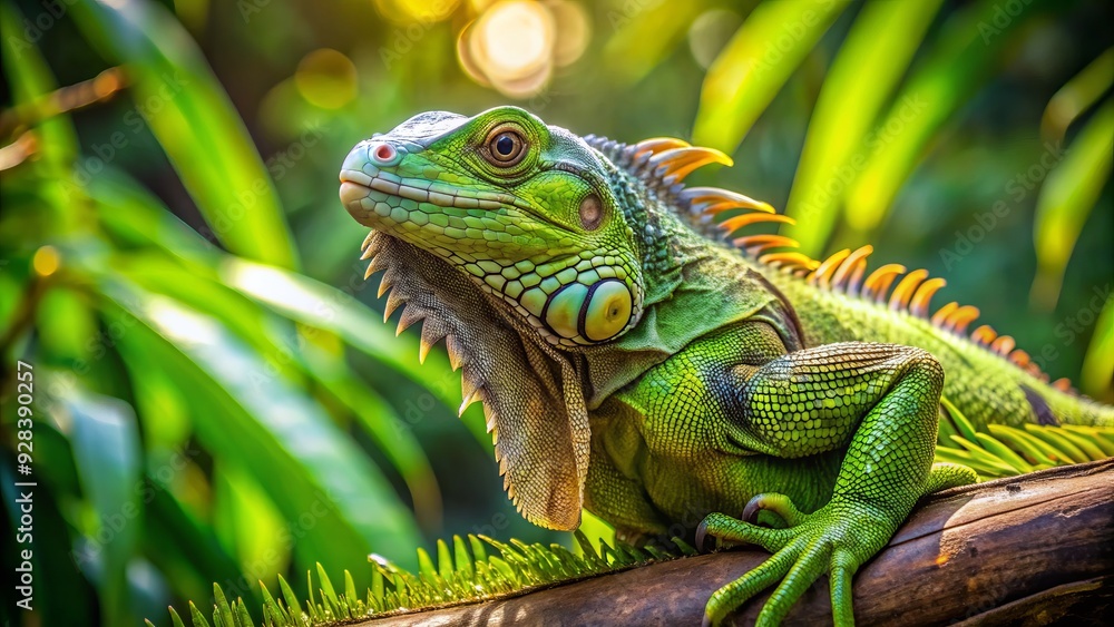 Vibrant green iguana perched on a branch, surrounded by lush foliage, with warm natural light, evoking a sense of tropical paradise and freedom. Vibrant green iguana perched on a branch, surrounded by lush foliage, with warm natural light, evoking a sense of tropical paradise and freedom.