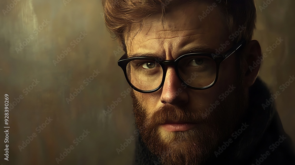 A close-up portrait of a man with a beard wearing glasses, with a serious expression. A close-up portrait of a man with a beard wearing glasses, with a serious expression.