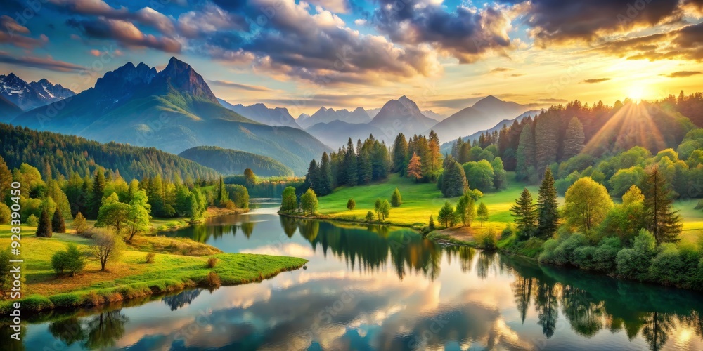 Fototapeta premium Golden Hour Reflection in Mountain Valley, landscape, nature, mountains, sunset