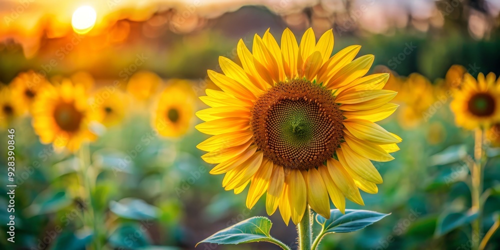 Golden Sunflower in a Field at Sunset, Sunflower , Field , Sunset , Nature