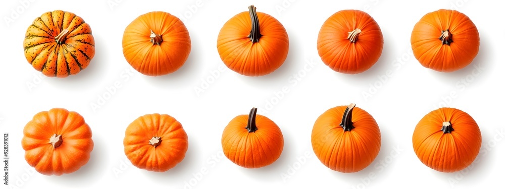 Assortment of Vibrant Orange Pumpkins on White Background Assortment of Vibrant Orange Pumpkins on White Background