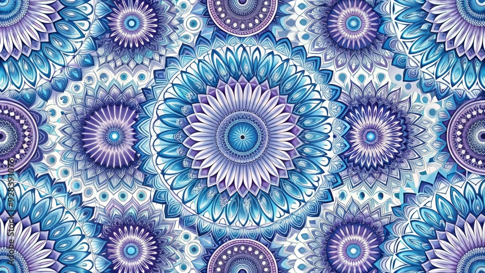 Vibrant and mesmerizing seamless circle pattern featuring intricate geometric shapes and swirling curves in shades of blue, purple, and silver on a white background. Vibrant and mesmerizing seamless circle pattern featuring intricate geometric shapes and swirling curves in shades of blue, purple, and silver on a white background.