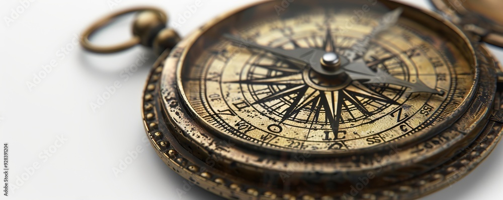 Obraz premium Antique compass with intricate details on white background, 4K hyperrealistic photo