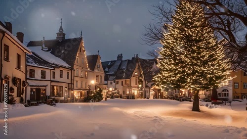 A Christmas market at night, with wooden stalls decorated with lights, selling festive treats and gifts