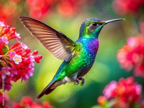 Vibrant blossoms burst with color as a delicate hummingbird hovers effortlessly, its iridescent feathers shimmering in emerald, ruby, and sapphire hues, captivating the viewer.