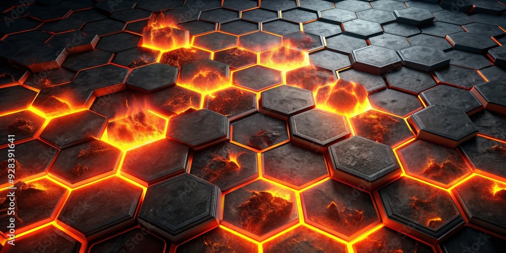 Hexagon Lava Flow Glowing Steel, 3D Render, Fiery Background, Abstract, hexagon, lava, steel Hexagon Lava Flow Glowing Steel, 3D Render, Fiery Background, Abstract, hexagon, lava, steel