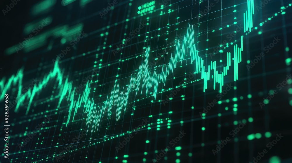 A rising stock market graph with green candlesticks and indicators on a dark grid background. A rising stock market graph with green candlesticks and indicators on a dark grid background.