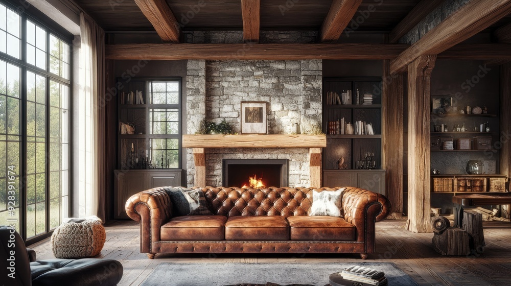A rustic living room with a leather chesterfield sofa, wooden beams, and a stone fireplace. A rustic living room with a leather chesterfield sofa, wooden beams, and a stone fireplace.
