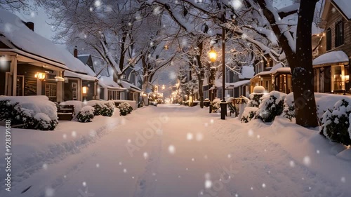 A quiet street in a small town, with homes decorated with Christmas lights and wreaths, under a blanket of fresh snow