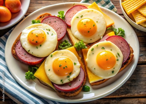 vibrant pop art colors burst forth in playful composition of pork roll slices eggs and melted cheese on white plate photo