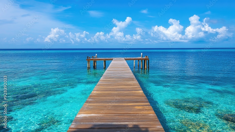Fototapeta premium A sea view with blue waters and a jetty leading out into the ocean