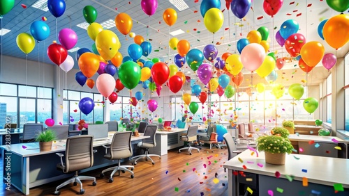 Vibrant colored balloons and confetti fill the air as a weekend kickoff celebration erupts in a lively office, marking the start of a relaxing break. photo