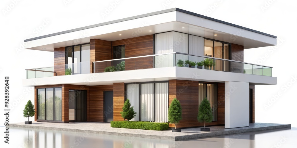 Modern Two-Story House with Wooden Facade and Balcony, 3D Rendering, exterior design, home architecture , modern house , contemporary home Modern Two-Story House with Wooden Facade and Balcony, 3D Rendering, exterior design, home architecture , modern house , contemporary home