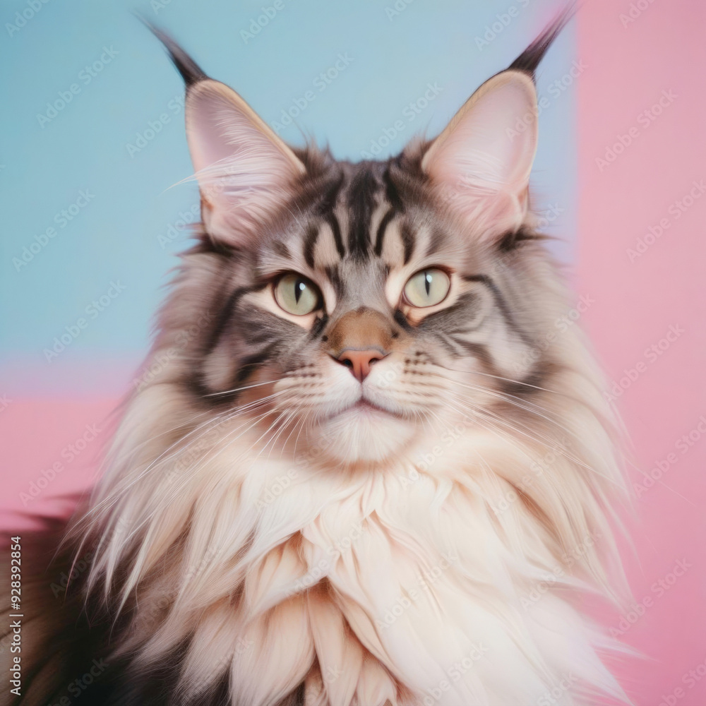 Fototapeta premium portrait of a Maine Coon cat on a pink background