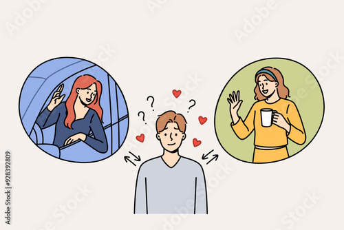 Love triangle involving man choosing girlfriend from two women, demonstrating male polygamy. Polygamy guy is romantically attracted to two girls at once and wants to date them all.