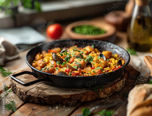 Seafood Paella in Rustic Setting, Traditional Spanish Meal on Wooden Table