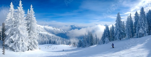 A ski slope with pine trees and skiers on it, a snowy landscape scene, a wide angle photo, a high resolution image, a blue sky, ski tracks in the snow, a snow covered forest, a photo taken from above,