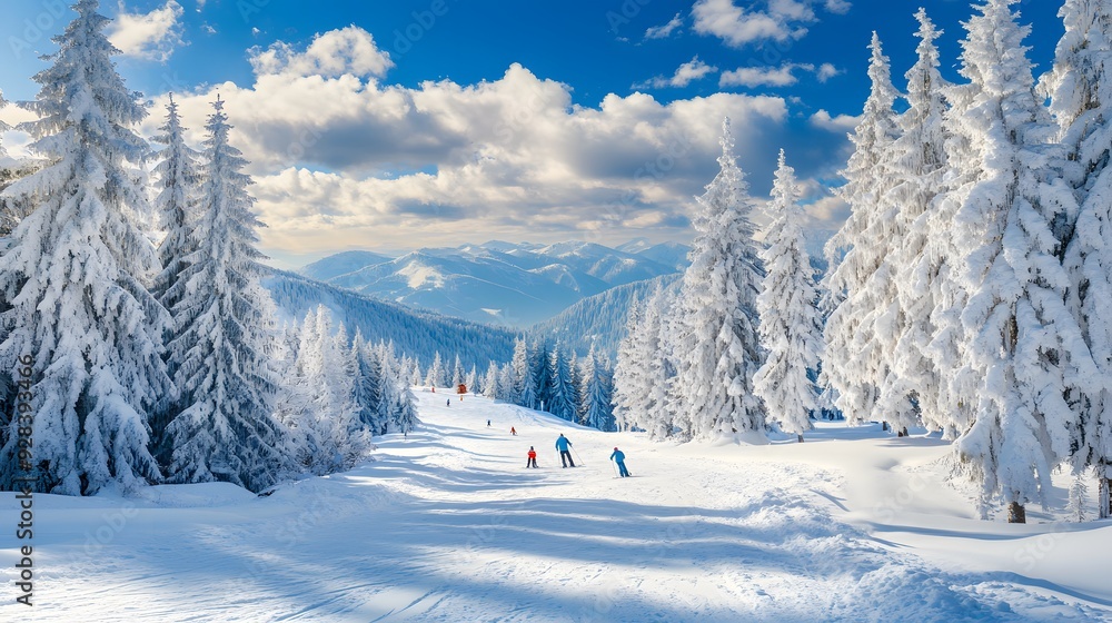 A ski slope with pine trees and skiers on it, a snowy landscape scene, a wide angle photo, a high resolution image, a blue sky, ski tracks in the snow, a snow covered forest, a photo taken from above,