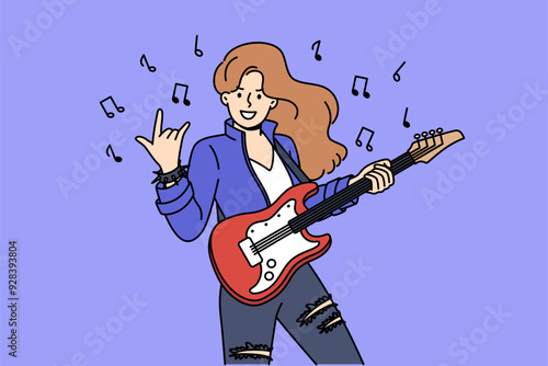 Woman rock star plays electric guitar and demonstrates cool gesture, standing among notes. Girl participating in rock concert performs on stage for audience, performing song from new album