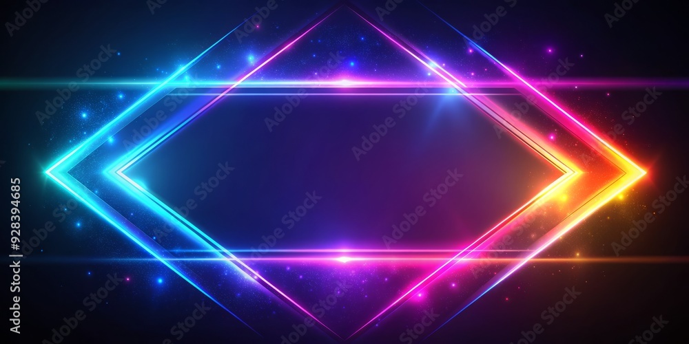 Fototapeta premium Vibrant neon parallelogram frame with radiant glow and shining effects on a dark, sleek background, perfect for futuristic, high-tech, or abstract visual representations.
