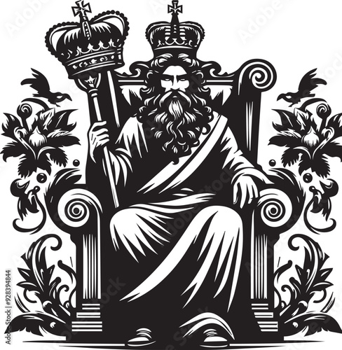 A king with his crown sitting on his throne Vector Illustration Silhouette