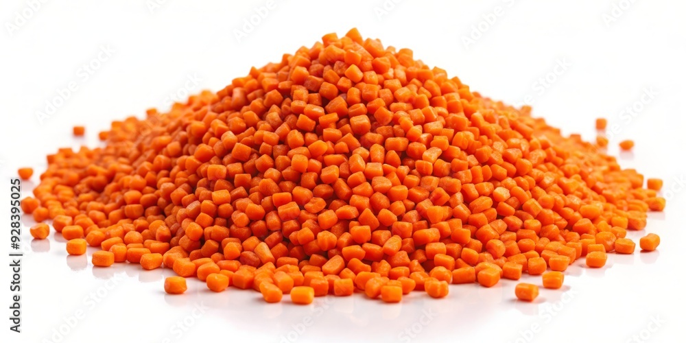 Vibrant orange polymer masterbatch granules scattered on a pure white background, ideal for industrial plastic product catalogs, banners, and marketing materials design. Vibrant orange polymer masterbatch granules scattered on a pure white background, ideal for industrial plastic product catalogs, banners, and marketing materials design.