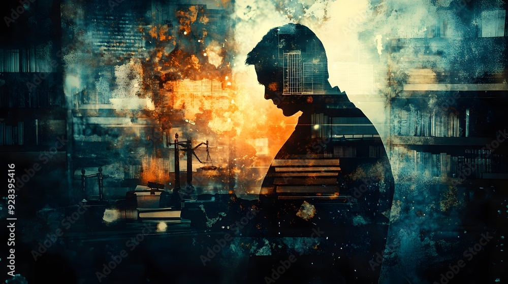 Criminal evidence, such as a forensic kit, with a double exposure of courtroom drama, including scenes of trials and legal arguments, merging with the evidence Criminal evidence, such as a forensic kit, with a double exposure of courtroom drama, including scenes of trials and legal arguments, merging with the evidence