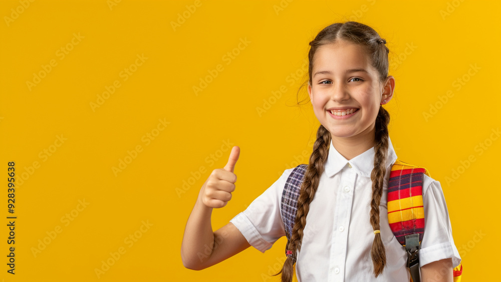 Joyful Schoolgirl Pointing at Empty Space, Ready for Text, on Vibrant Yellow Background Joyful Schoolgirl Pointing at Empty Space, Ready for Text, on Vibrant Yellow Background