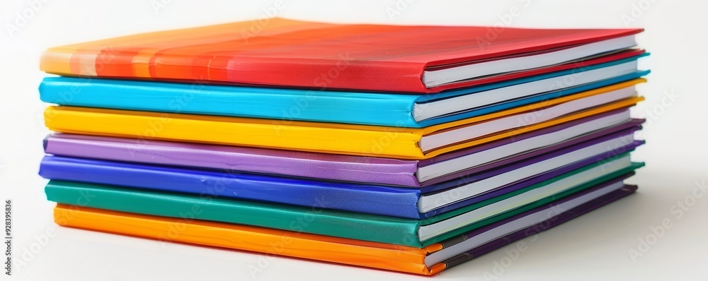 Stack of colorful journals with pens on white background, 4K hyperrealistic photo Stack of colorful journals with pens on white background, 4K hyperrealistic photo