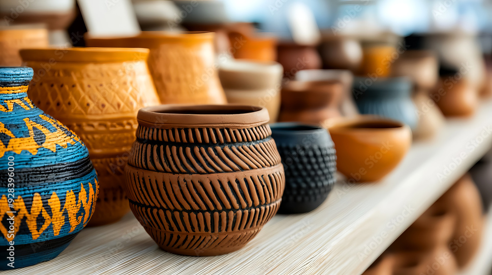 A collection of beautifully crafted pottery displayed on a shelf, showcasing various colors and intricate designs. A collection of beautifully crafted pottery displayed on a shelf, showcasing various colors and intricate designs.