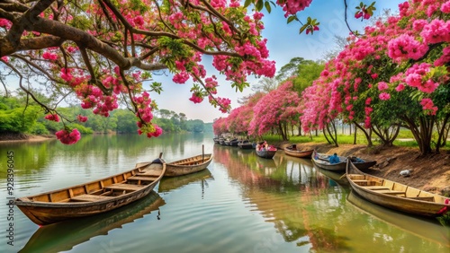 Vibrant pink Silk Cotton flowers bloom on a lush green tree, surrounded by rustic wooden boats and serene waters in Khulna, Bangladesh. photo