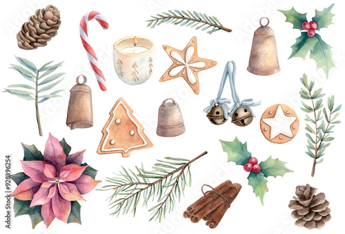 Watercolor Christmas set of hand painted elements isolated on white background. Fir branches, pine cone, Holly berries, Candy cane, Hygge style candle, Iced gingerbread cutout cookie. 