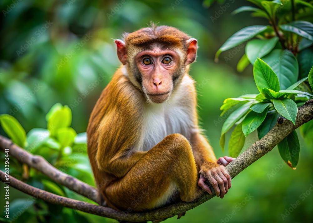 Vibrant reddish-brown toque macaque monkey with expressive eyes and agile limbs perched on a tree branch, surrounded by lush green foliage in its native Sri Lankan habitat. Vibrant reddish-brown toque macaque monkey with expressive eyes and agile limbs perched on a tree branch, surrounded by lush green foliage in its native Sri Lankan habitat.