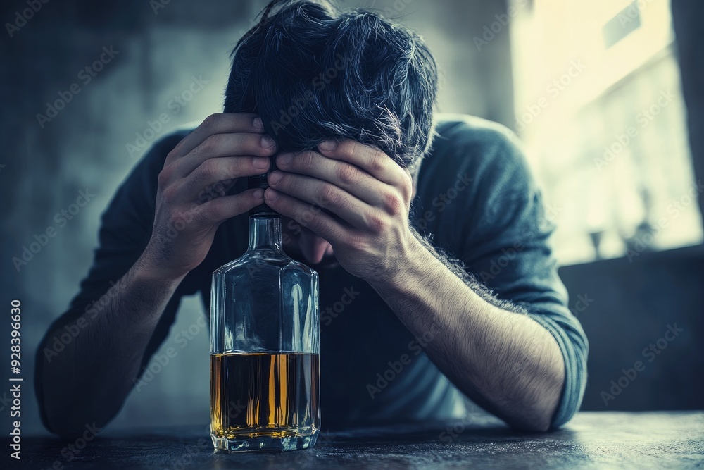 Young man is suffering from alcohol addiction and feeling depressed at home Young man is suffering from alcohol addiction and feeling depressed at home