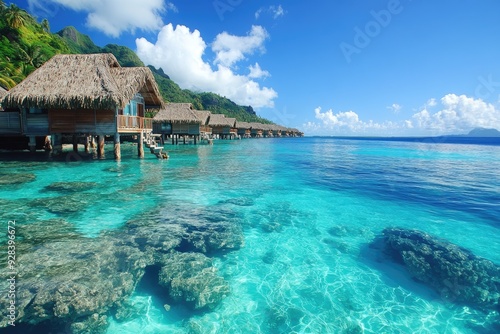 Crystal clear water surrounding tropical bungalows in bora bora french polynesia