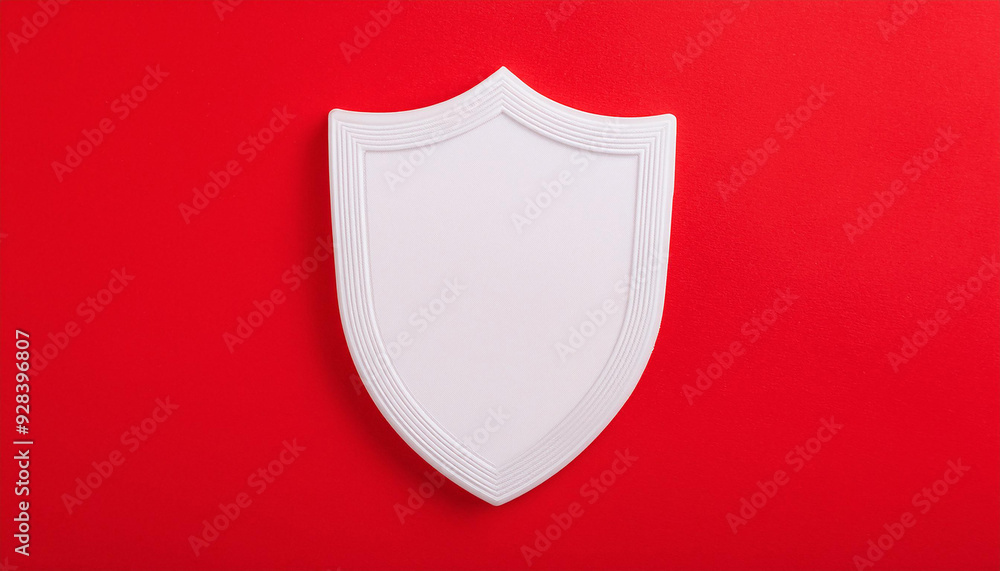 White shield against red background. Minimalist design. Security and protection concept. White shield against red background. Minimalist design. Security and protection concept.