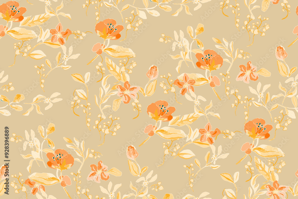 Obraz premium Cute feminine seamless watercolor pattern with little tiny wildflowers, hand drawn, not AI