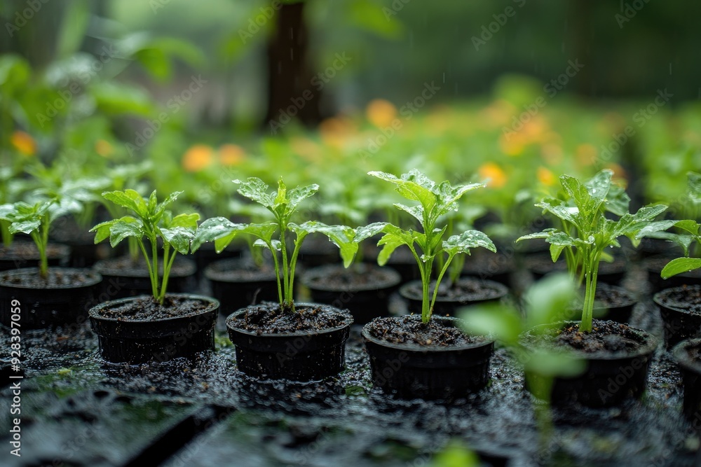 Small green sprouts growing in seed tray Small green sprouts growing in seed tray