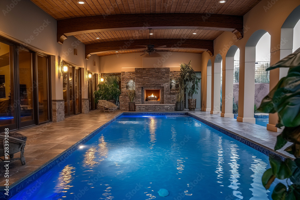 Pool in the house with a fireplace Pool in the house with a fireplace
