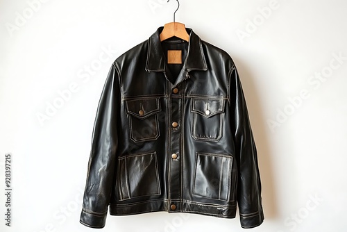 Men's leather jacket with fur sheepskin on white background,