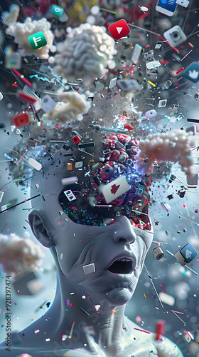 head bursting with information data, symbolizing the overwhelming effects of media and social media addiction.powerful visual metaphor of social media addiction.