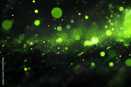 Black background, highlighted by glowing green particles floating and drifting