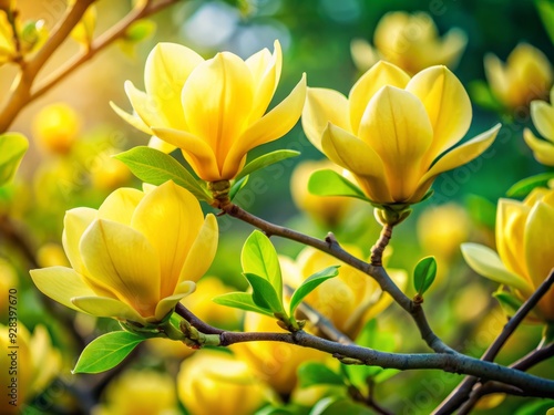 Vibrant yellow magnolia flowers bloom against a calming green background, creating a serene and cheerful atmosphere, perfect for spring and summer-inspired designs. photo