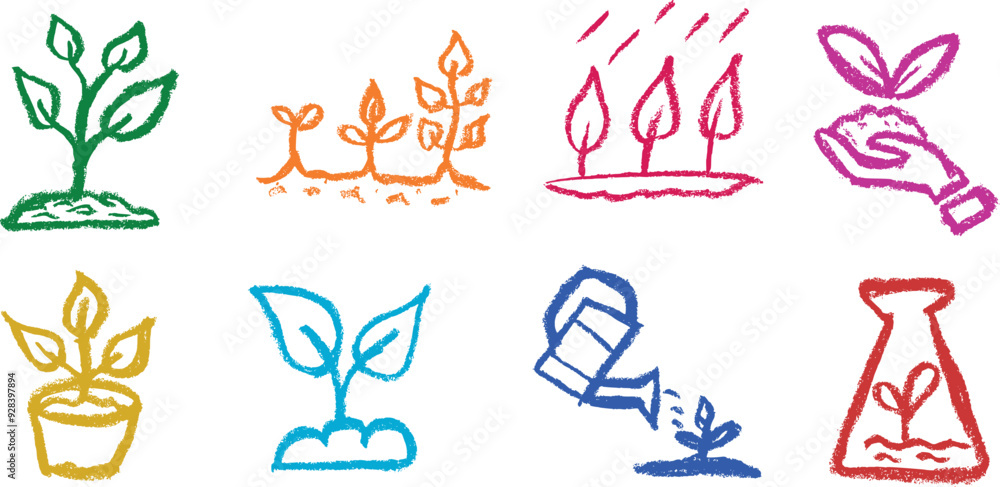 Fototapeta premium Plants and Planting Icons Chalk Crayon Drawing