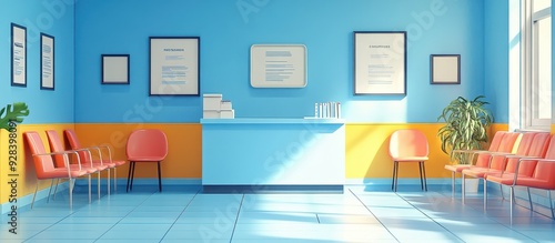 Bright and Modern Waiting Room with Colorful Chairs and Blue Walls in a Sunlit Healthcare Facility