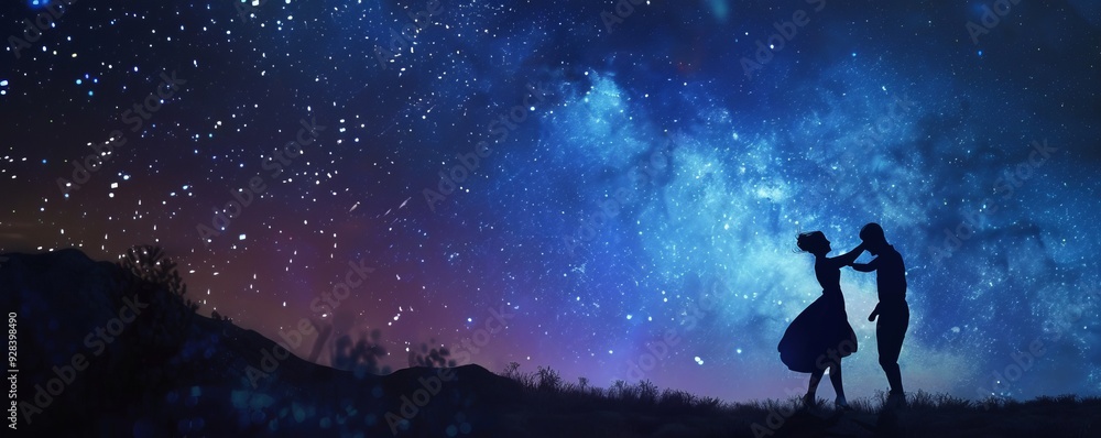 Fototapeta premium Romantic couple dancing under starry night sky, 4K hyperrealistic photo