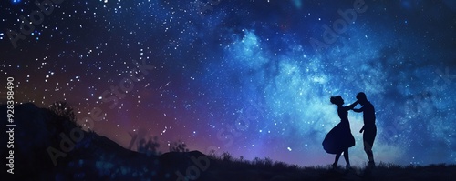 Romantic couple dancing under starry night sky, 4K hyperrealistic photo