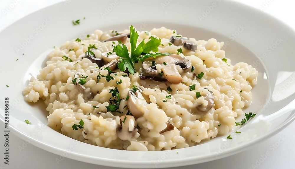 Risotto with mushrooms and parsley in a plate on a light background Risotto with mushrooms and parsley in a plate on a light background